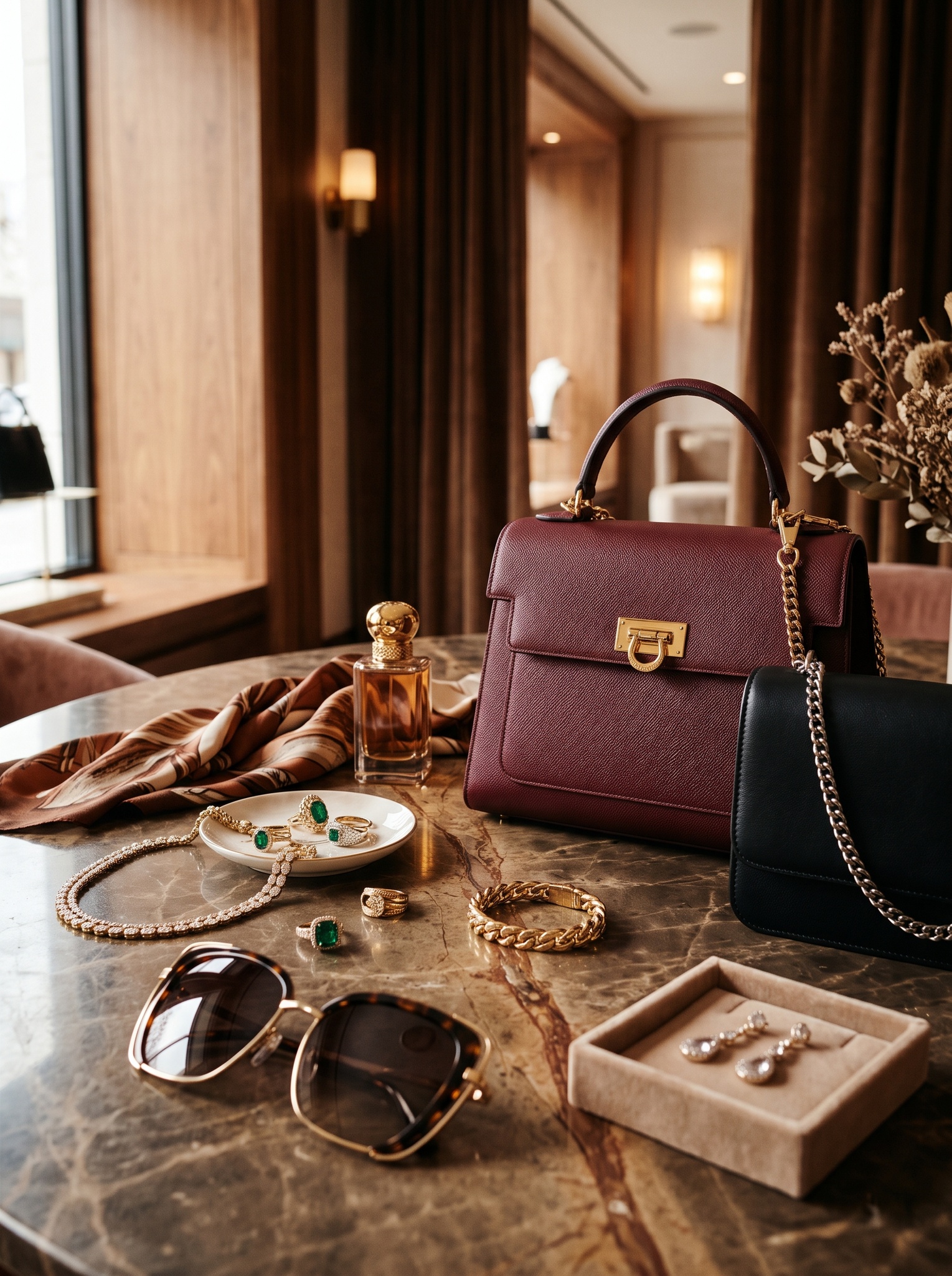 A burgundy and a black chain bag with perfume, silk, sunglasses and gold jewellery on a marble table