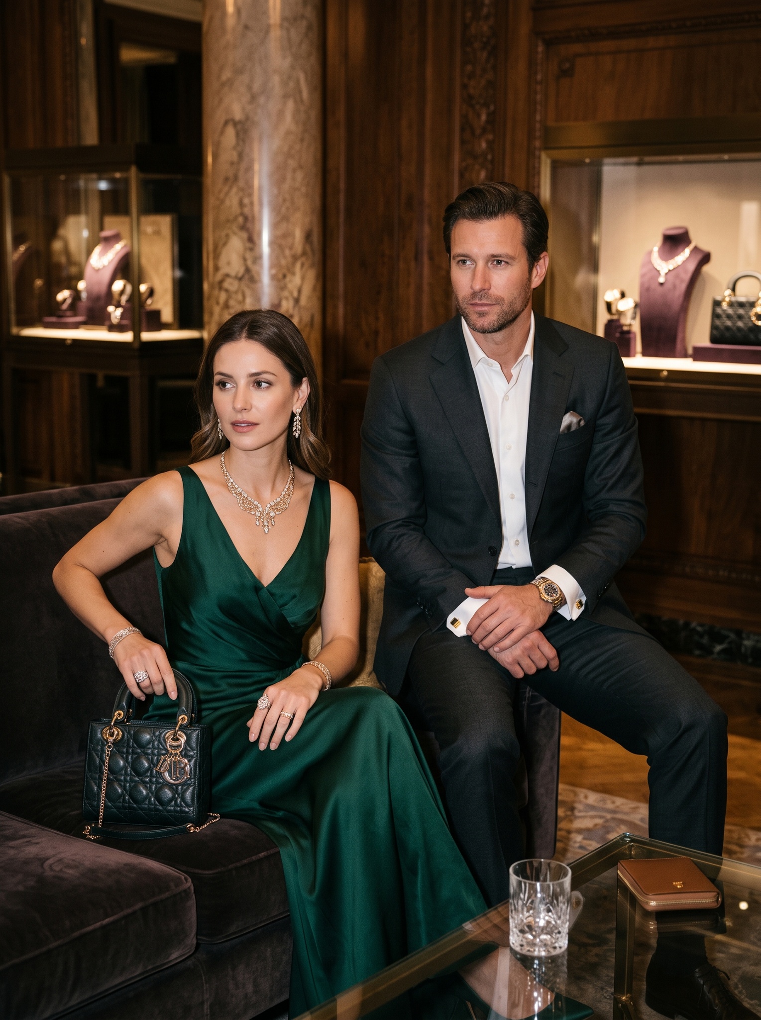 A couple seated among the display cases of the THIMORA vitrine, with a quilted chain bag